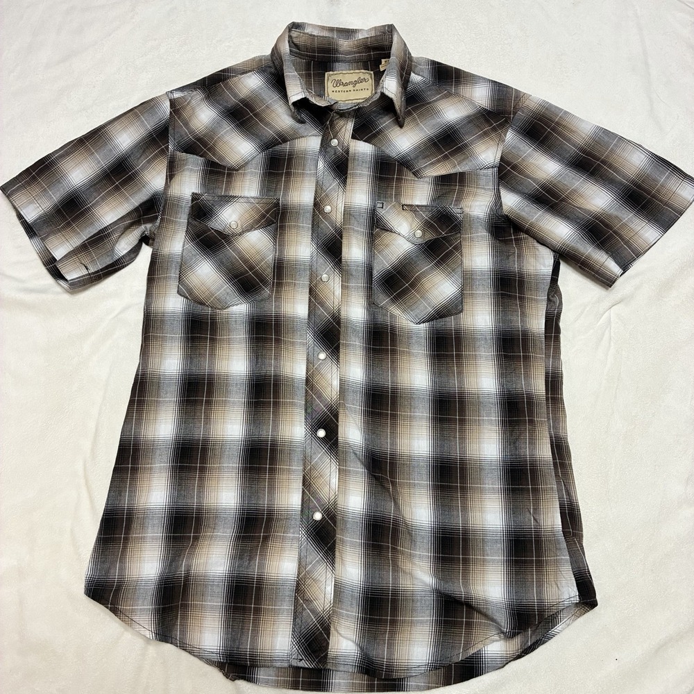 Wrangler Shirt Mens Large Brown Black Plaid Western Pearl Snap Short Sleeve Y2K